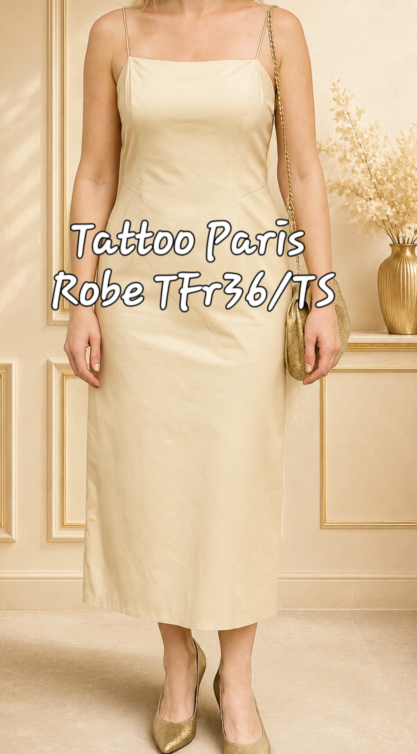 Tattoo Paris Robe Longue TFr36/TS- Beige_Champagne avec Fines bretelles Dorées en TBE